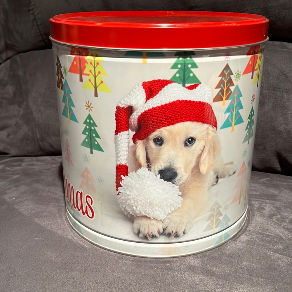 Merry Christmas Santa Dog Golden Retriever popcorn tin Empty storage decoration